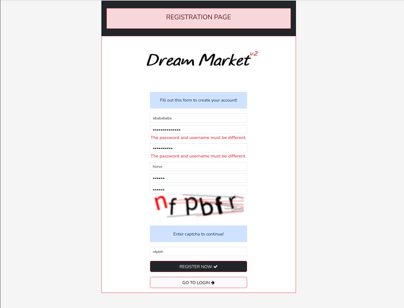 Dream Market V2 Registration Screen